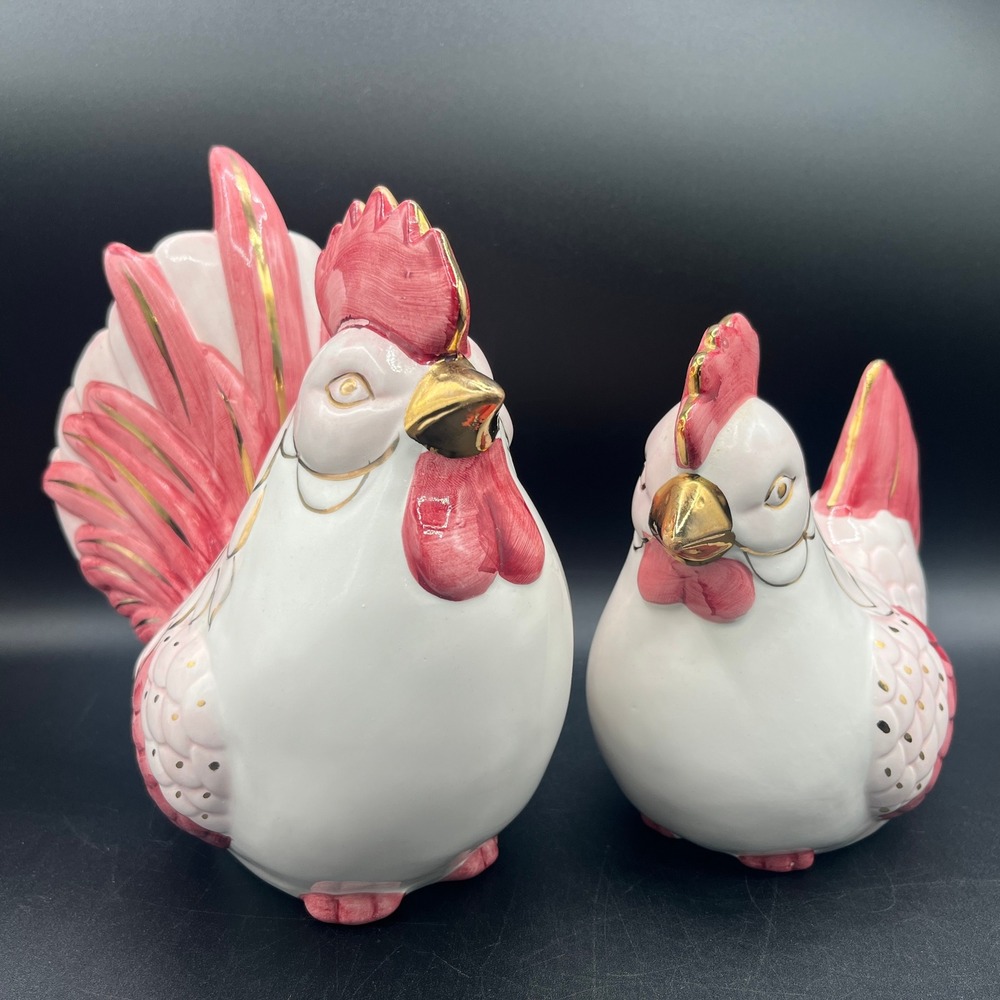 Ceramic Rooster Hen Figurine Set Pink White Gold Farmhouse Decor 8", 6.5" As‎ Is